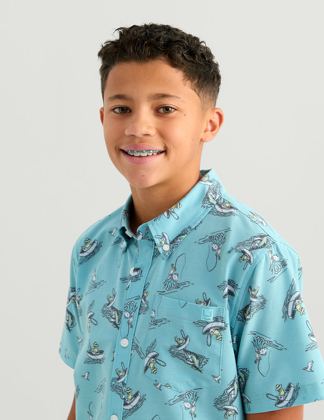 Huk Kids Kona Short Sleeve Button-Down - Marine Blue Mad Marlin