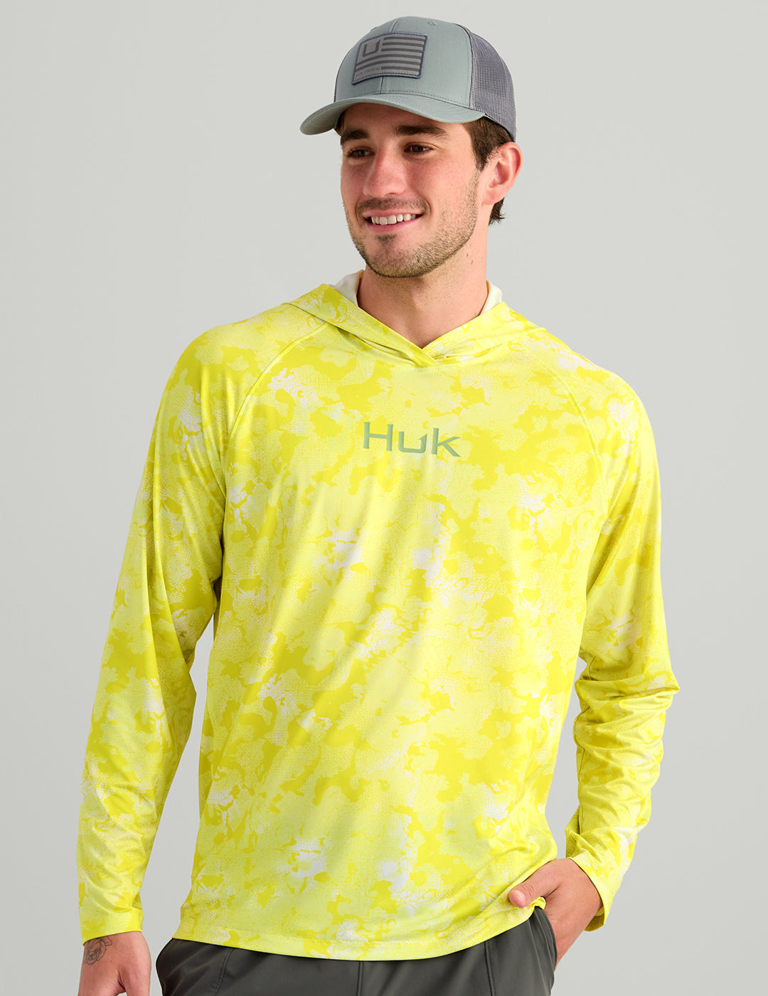 Huk Airweight KC Printed Hoodie - Vintage Chartreuse Estuary Camo