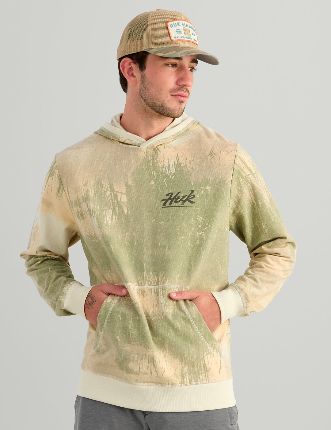 Huk Edisto Bass Patch Terry Hoodie - Silver Birch Marsh Camo