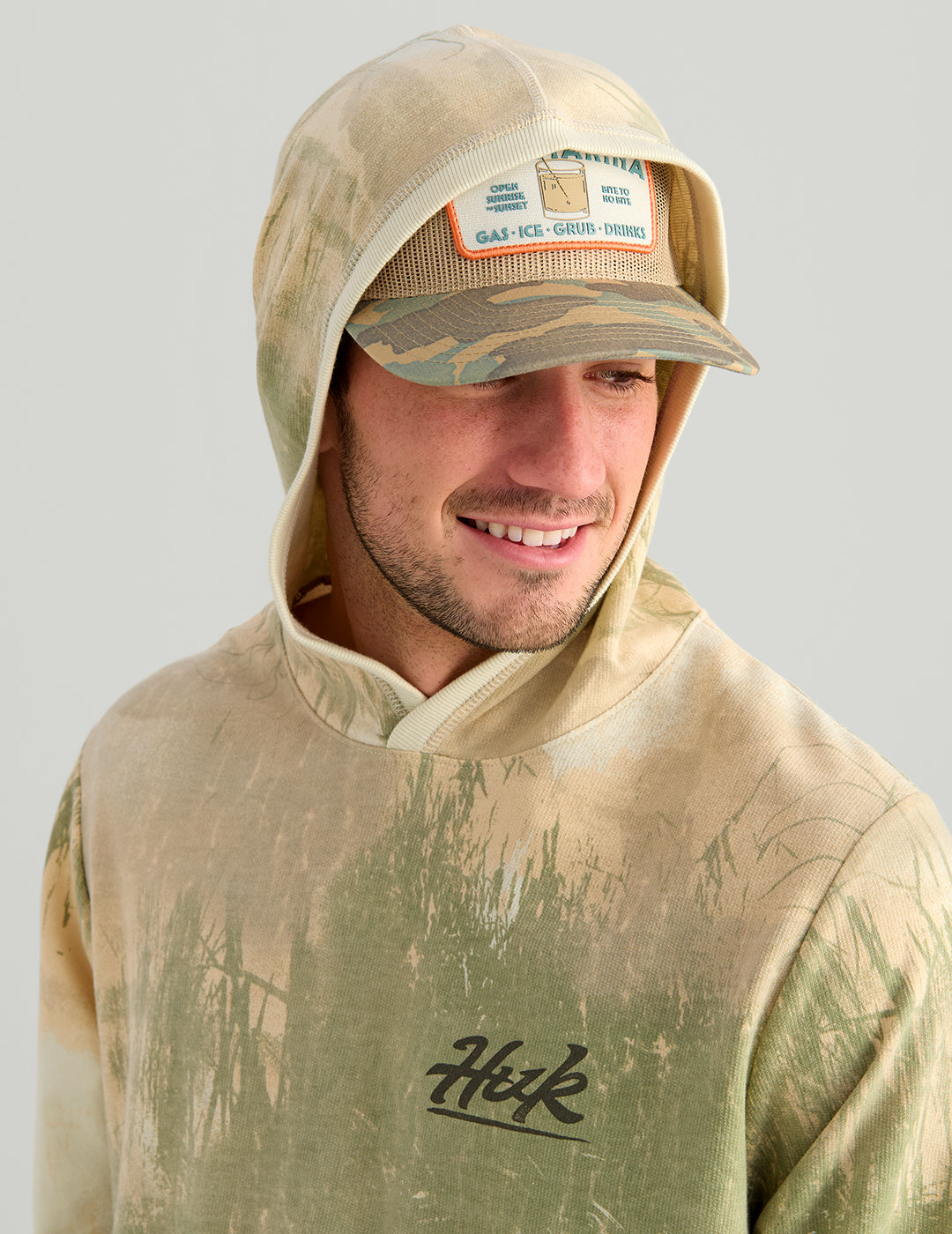 Huk Edisto Bass Patch Terry Hoodie - Silver Birch Marsh Camo
