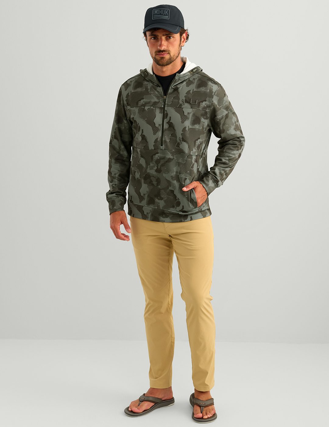 Huk Coldfront+ KC Printed 1/2 Zip Fleece Hoodie - Black Tideloom Camo