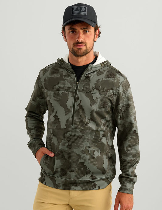 Huk Coldfront+ KC Printed 1/2 Zip Fleece Hoodie - Black Tideloom Camo
