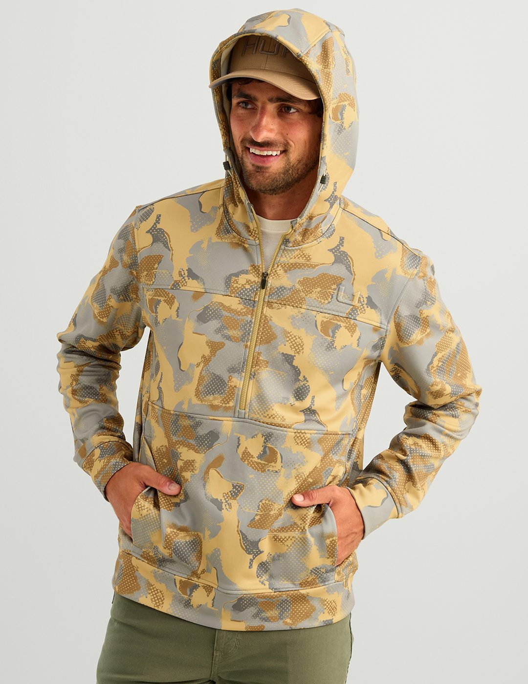 Huk Coldfront+ KC Printed 1/2 Zip Fleece Hoodie - Starfish Tideloom Camo