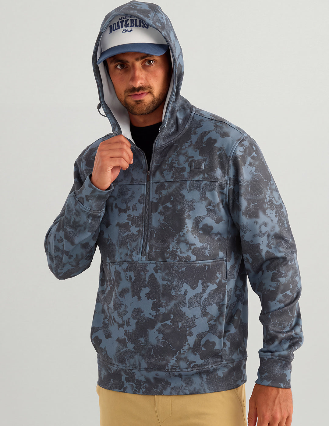 Huk Coldfront+ KC Printed 1/2 Zip Fleece Hoodie - Stormy Blue Tideloom Camo