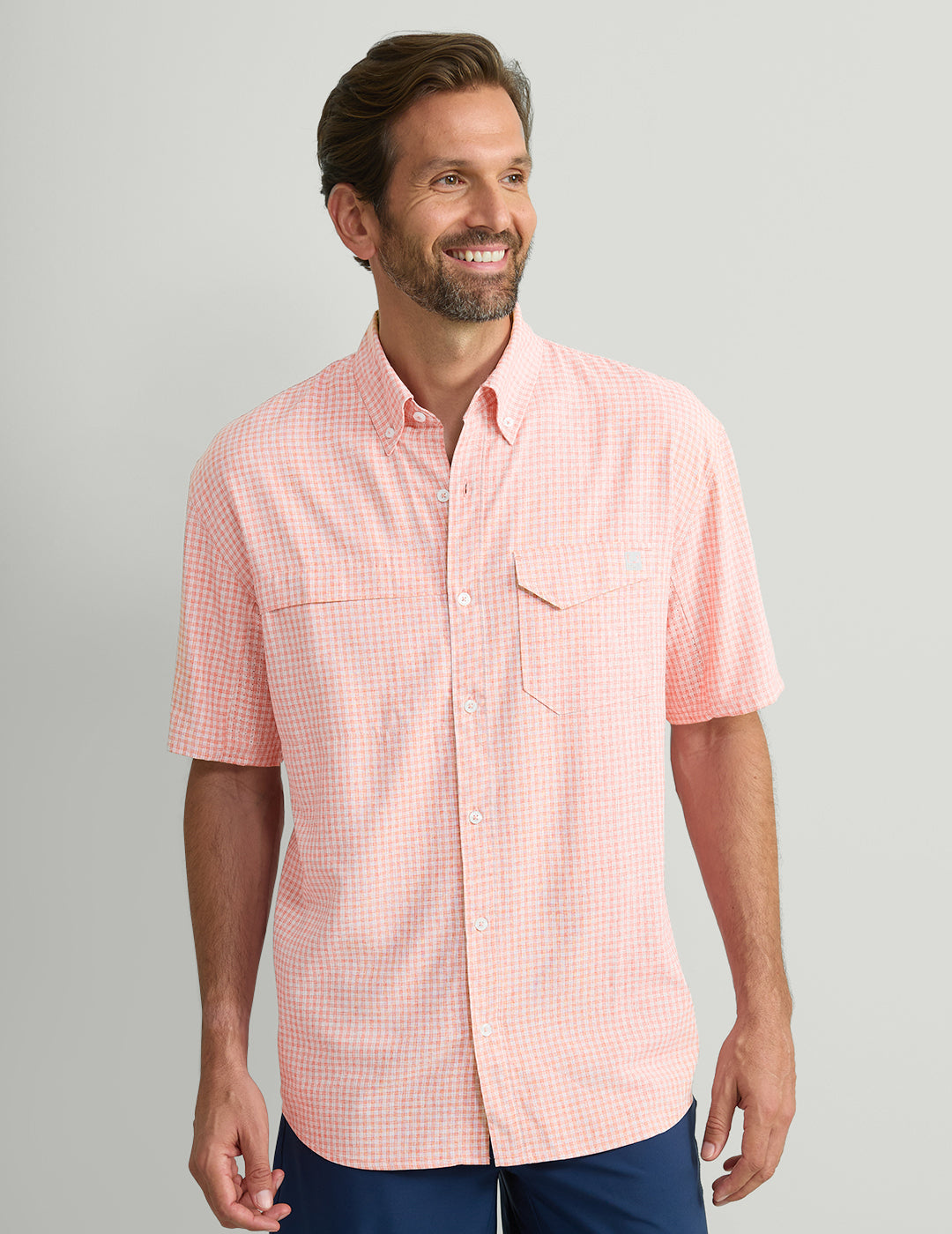 Huk Tide Point Short Sleeve Button-Down - Coral Reef Mini Check