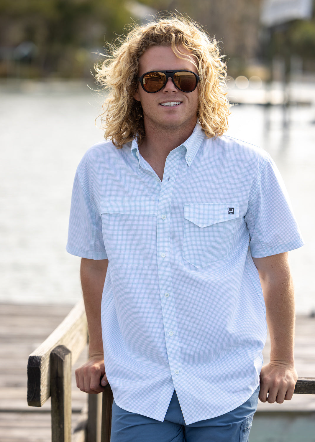 Huk Tide Point Short Sleeve Button-Down - Heron Blue Mini Check