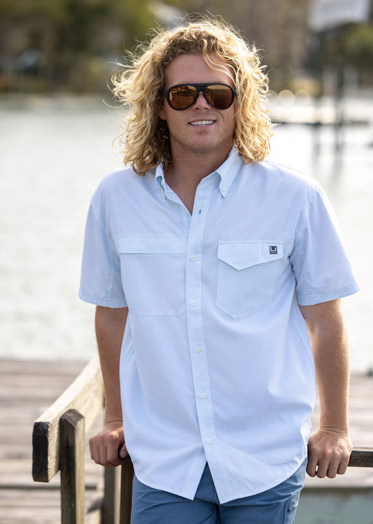 Huk Tide Point Short Sleeve Button-Down - Heron Blue Mini Check