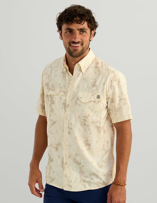 Huk KC Tide Point Short Sleeve Button-Down - Egret Tideloom Camo