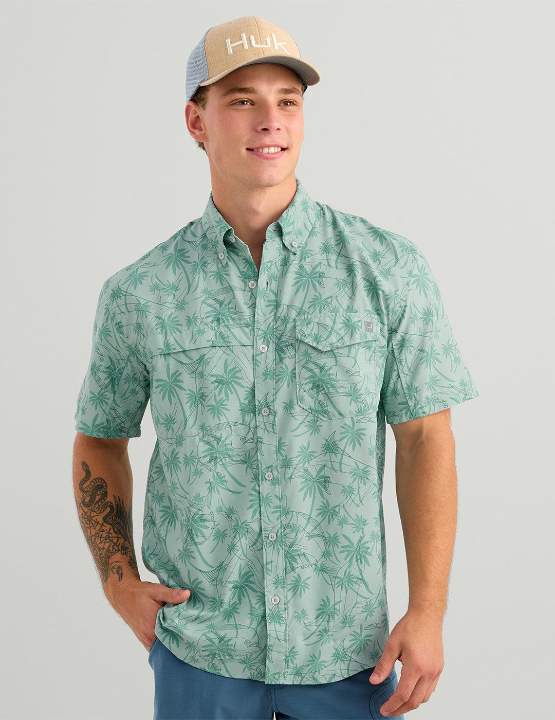 Huk KC Tide Point Short Sleeve Button-Down - Heron Blue Palm Slam