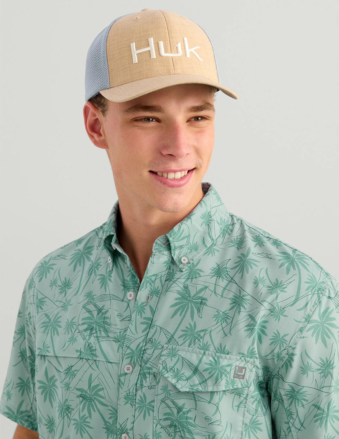 Huk KC Tide Point Short Sleeve Button-Down - Heron Blue Palm Slam