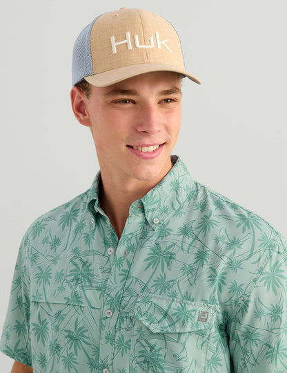 Huk KC Tide Point Short Sleeve Button-Down - Heron Blue Palm Slam
