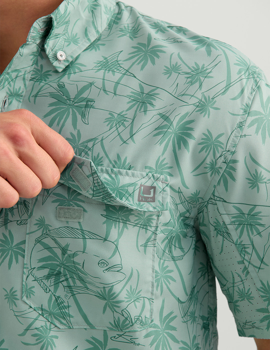 Huk KC Tide Point Short Sleeve Button-Down - Heron Blue Palm Slam