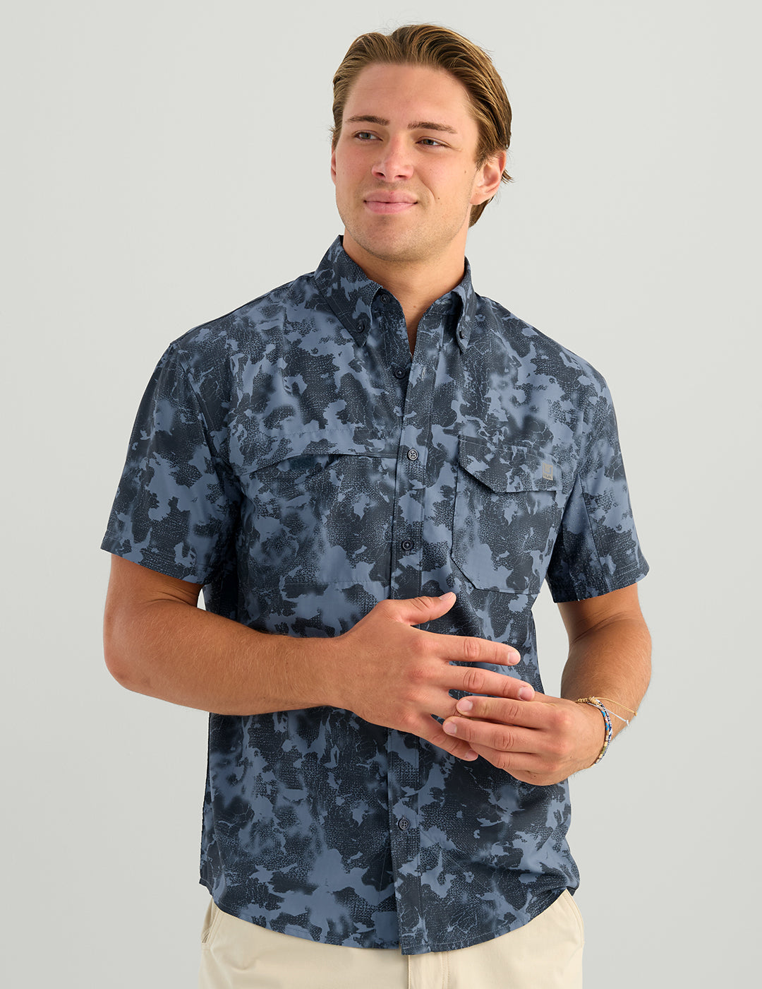 Huk KC Tide Point Short Sleeve Button-Down - Stormy Blue Tideloom Camo