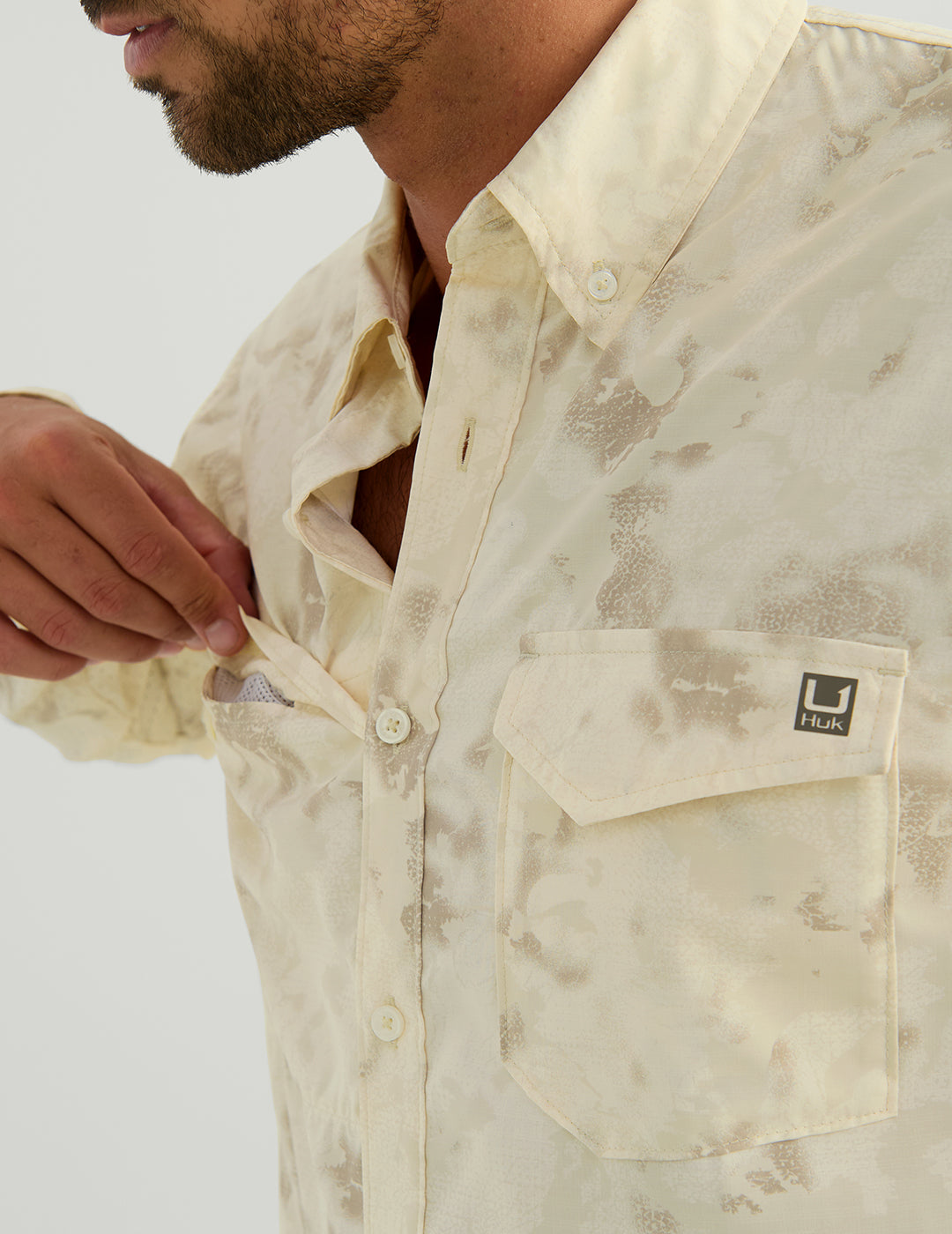 Huk KC Print Tide Point Button-Down - Egret Tideloom Camo