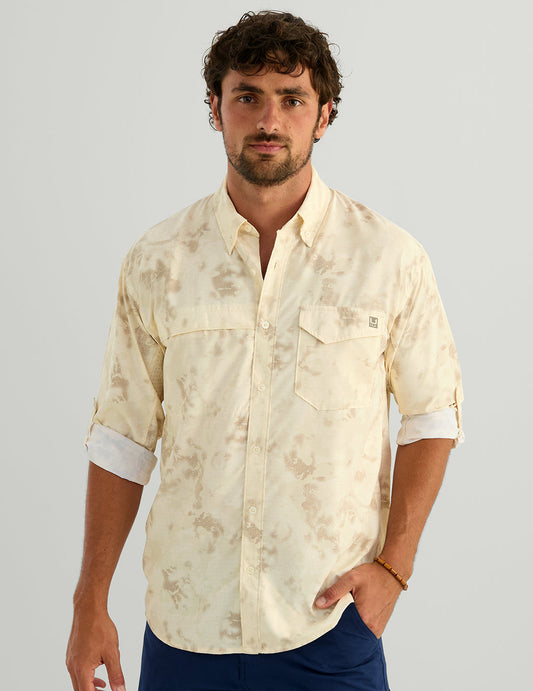 Huk KC Print Tide Point Button-Down - Egret Tideloom Camo