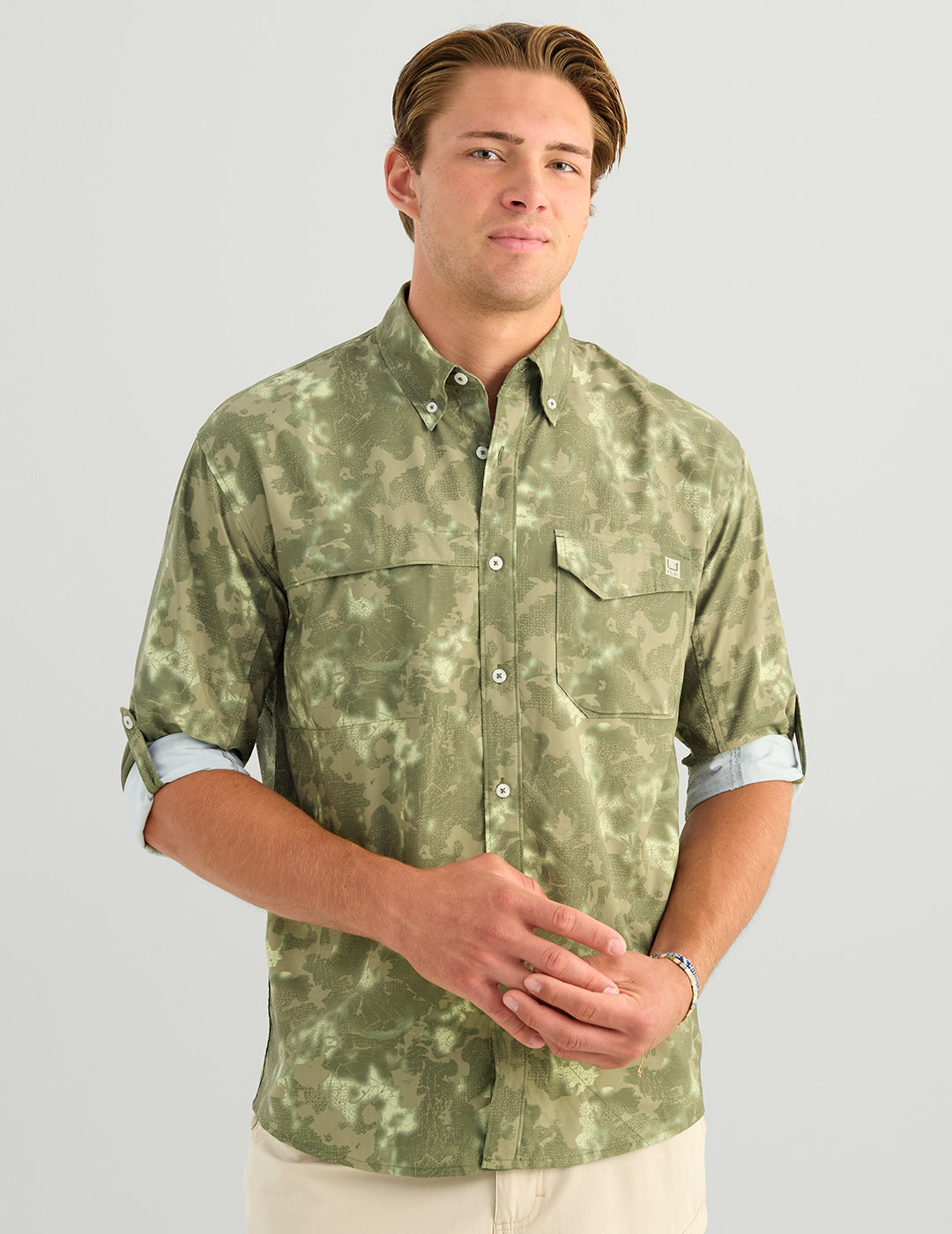 Huk KC Print Tide Point Button-Down - Moss Tideloom Camo