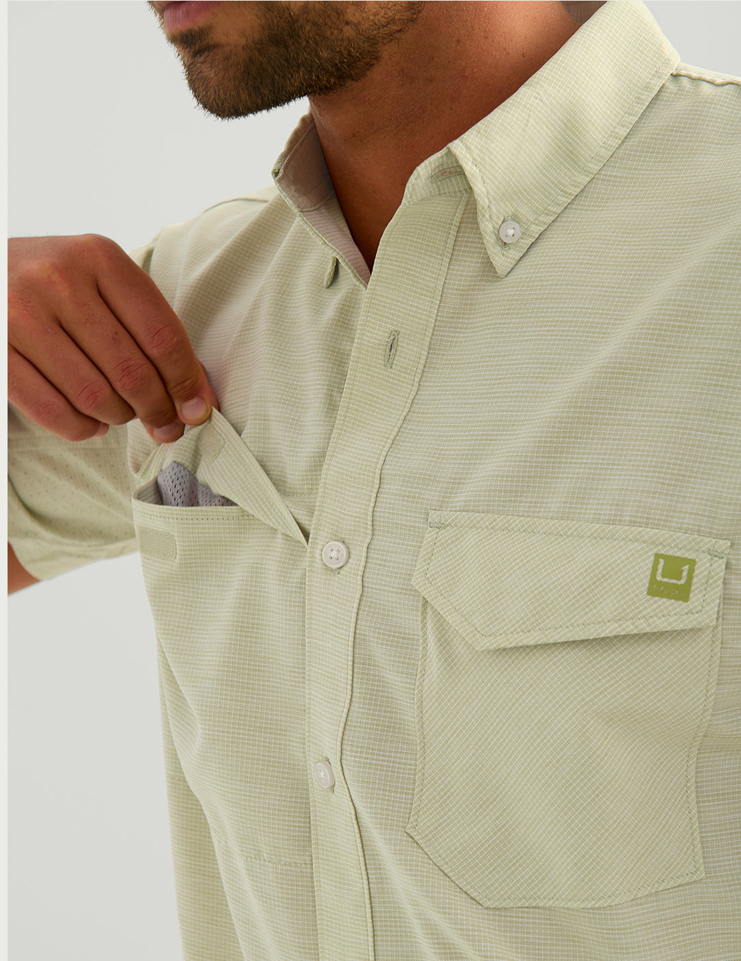 Huk Tide Point Heather Ripstop Short Sleeve Shirt - Spanish Moss Heather