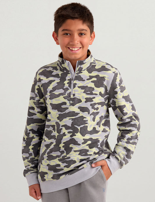 Huk Kids Cotton Fleece Printed 1/4 Zip - Moss Camo