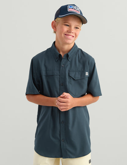 Huk Kids Tide Point Short Sleeve Button Down - Sea Storm