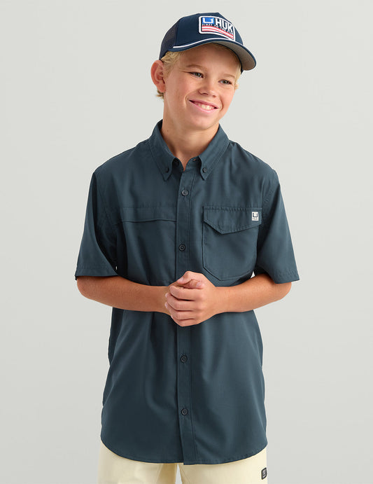 Huk Kids Tide Point Short Sleeve Button Down - Sea Storm