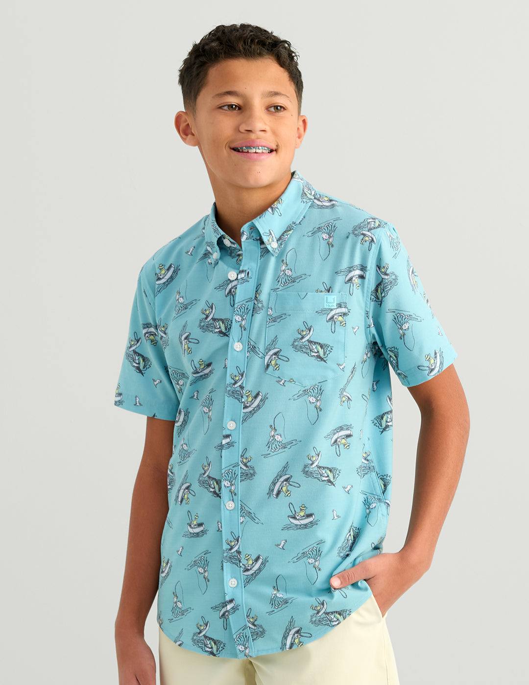 Huk Kids Kona Short Sleeve Button-Down - Marine Blue Mad Marlin