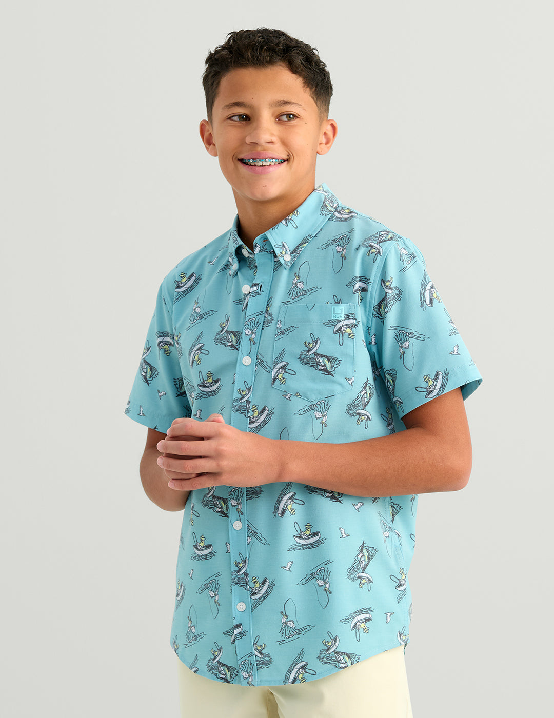 Huk Kids Kona Short Sleeve Button-Down - Marine Blue Mad Marlin