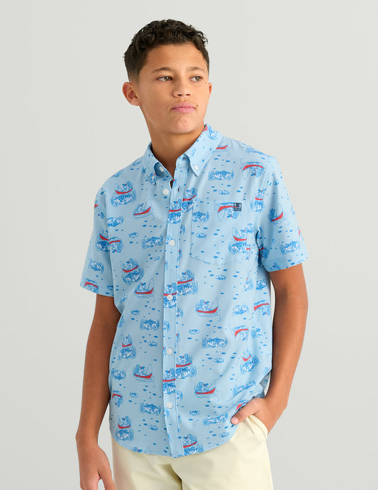 Huk Kids Kona Short Sleeve Button-Down - Cerulean Dog Fishin
