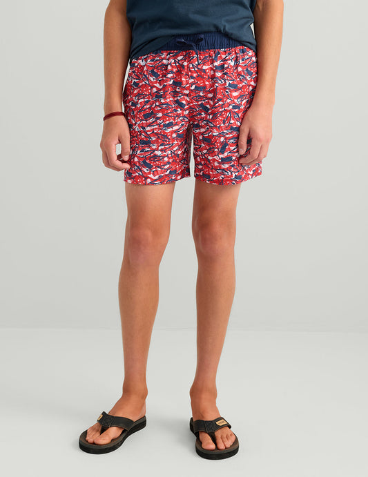 Huk Kids Pursuit Americana Volley Swim Short - True Red Fish Chaos